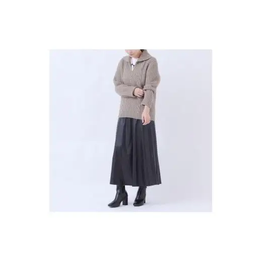 ルーエンローズ カシミヤ アラン柄ポロ衿プルオーバー（ブラウン） RU2311-20
