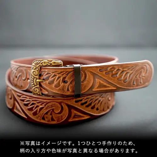 牛革ベルト（インディアン（鷲の羽）模様・焦茶かすれ染め）【太さ40mm / 厚さ3.7mm / L(130cm)】 牛革 父の日 手作り ベルト 革製品 [BE017ya-L]