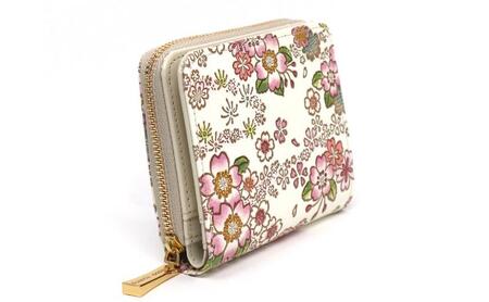 【文庫屋大関】二つ折りファスナーミニ財布 かすみ桜【皮革工芸品】財布 二つ折り 小物 お札 カード 小銭 コンパクト 牛革 手作り 日本製 墨田区 東京都