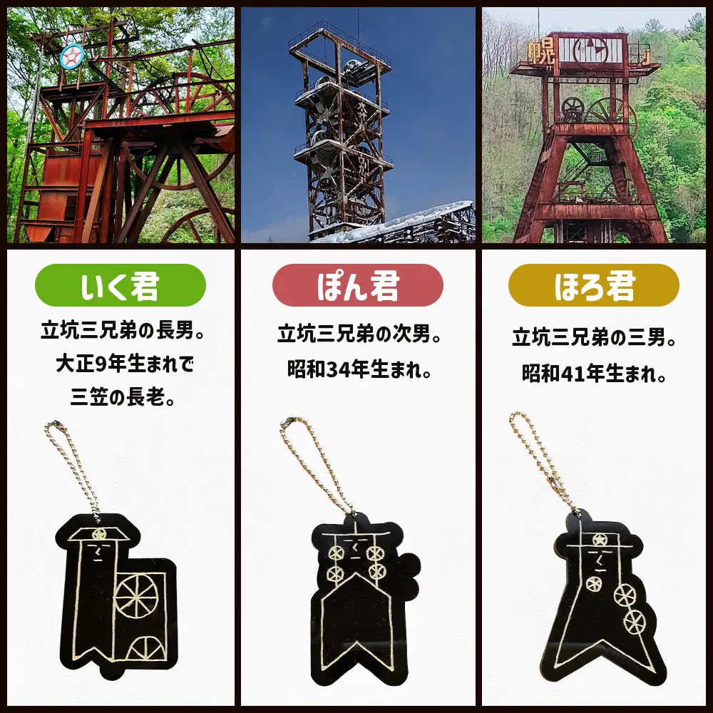 【三笠ジオパーク認定】立坑３兄弟キーホルダー（いく君・ぽん君・ほろ君）【43004】