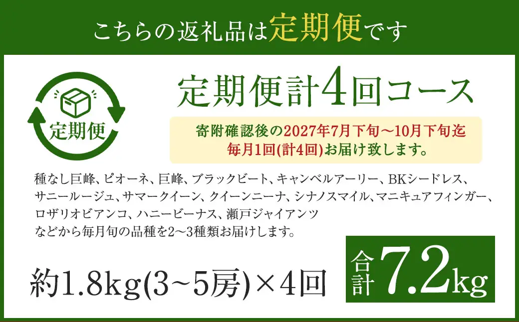 ＜ R8年熊本地震復興支援 ＞ 【4回定期便】ぶどう食べ比べ 約1.8kg （3～5房）×4回 合計約7.2kg【2027年7月下旬～10月下旬迄順次発送予定】ブドウ 果物 フルーツ 食べ比べ 定期便