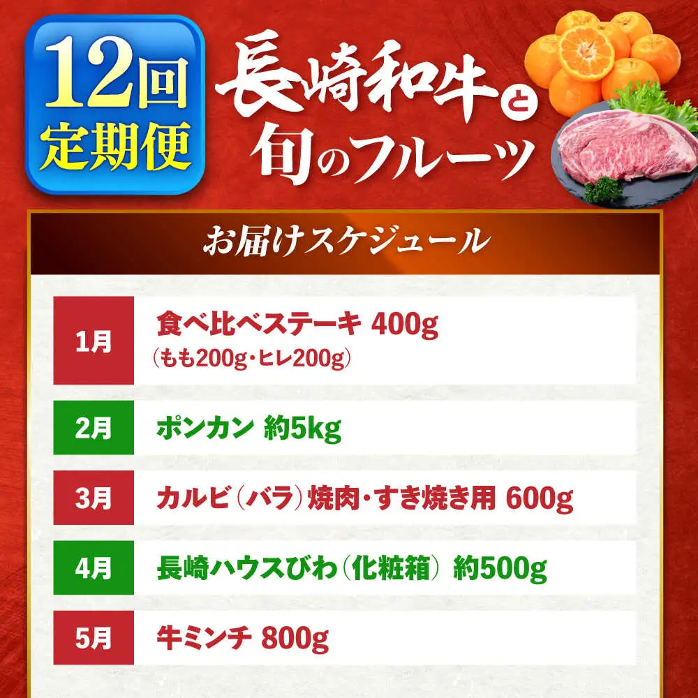 【12回定期便】長崎和牛と旬のフルーツが楽しめる バラエティ定期便 / フルーツ定期便 果物定期便 肉定期便 牛肉 びわ メロン ぶどう みかん / 南島原市 / 贅沢宝庫[SDZ053]