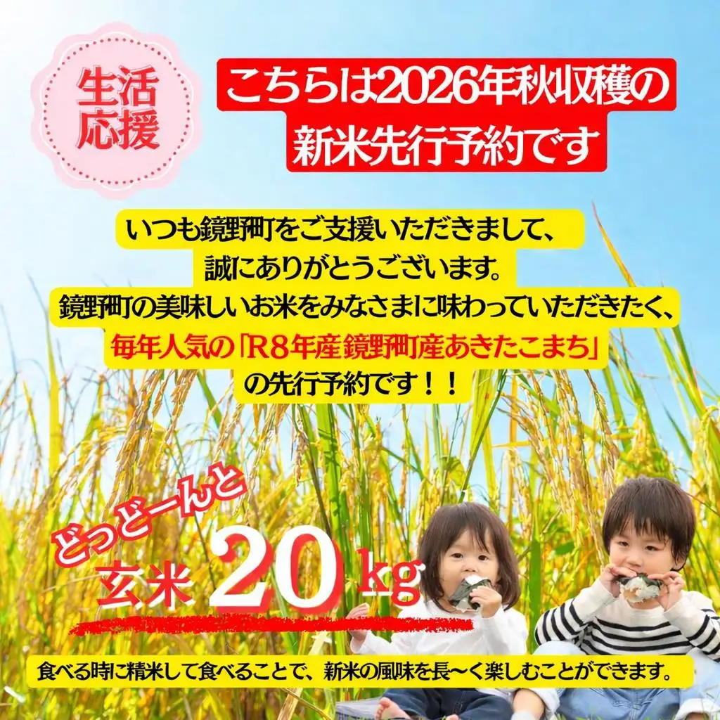 【2026年発送分 先行予約】令和8年産 鏡野町産 あきたこまち 玄米 20kg【033-a014】