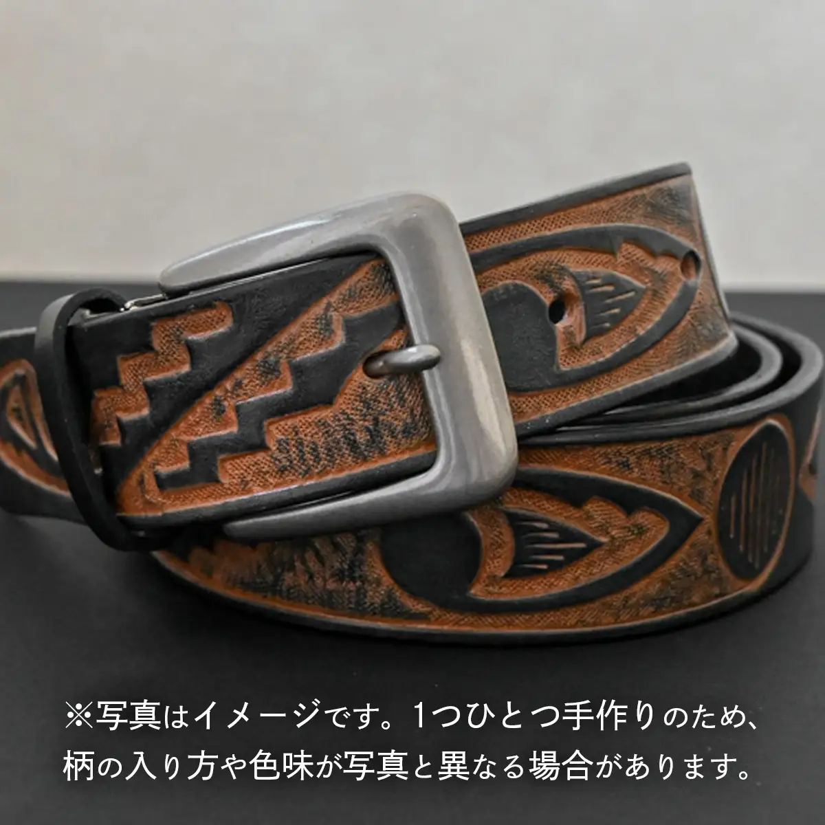 牛革ベルト インディアン槍模様 紺かすれ染め【太さ35mm / 厚さ3.7mm / L(130cm)】 [BE038ya-L]