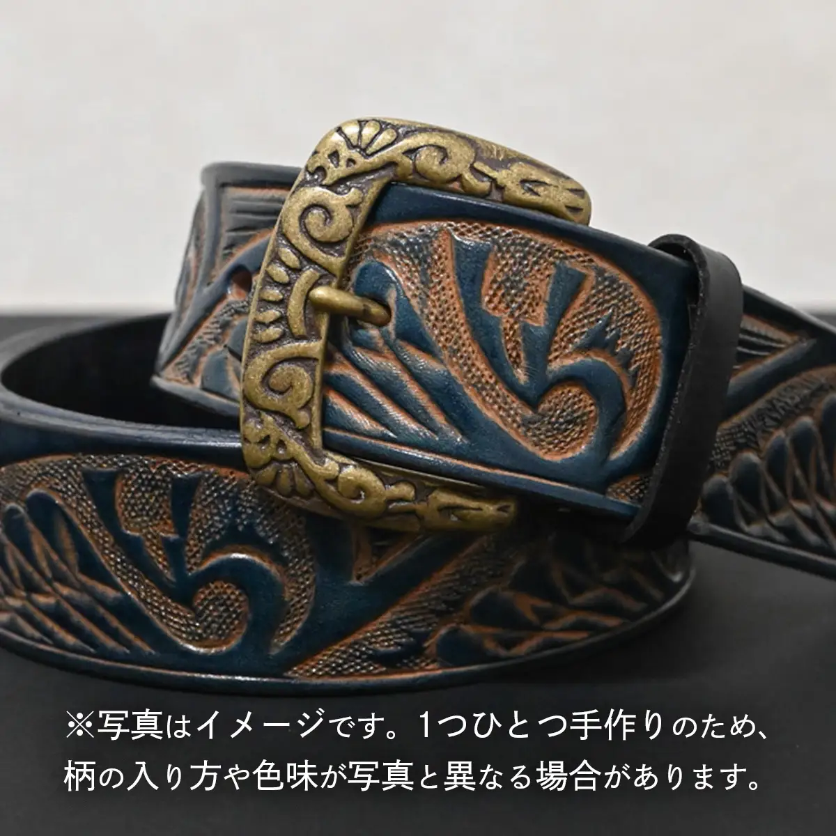 牛革ベルト インディアン鷲柄 紺すかし染め【太さ40mm / 厚さ3.7mm / L(130cm)】 [BE052ya-L]