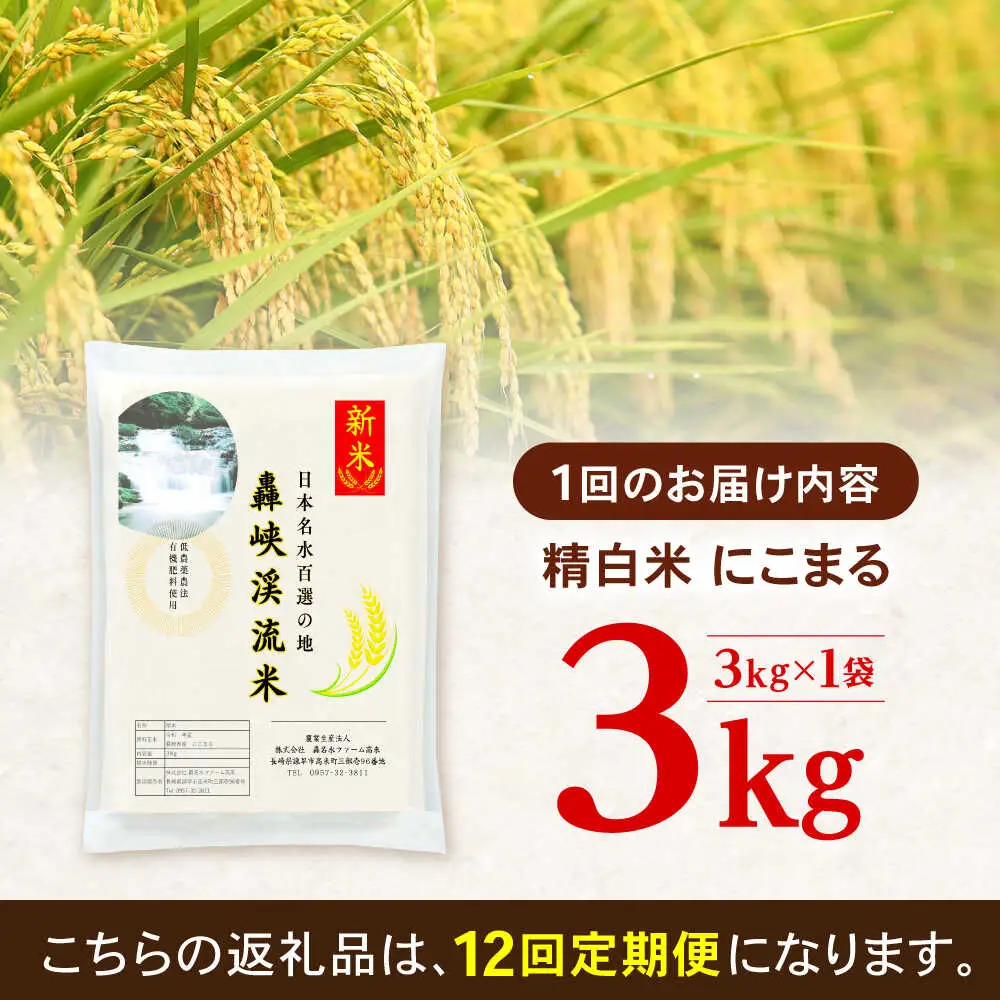 【12回定期便】 精白米(にこまる) 3kg 轟峡渓流米 / 米 白米 精白米 新米 / 轟名水ファーム高来 / 諫早市[AHFF016]