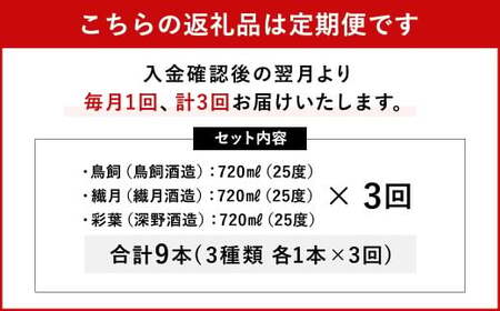 【3回定期便】味わい球磨焼酎フレーバー3種類セット 鳥飼 繊月 彩葉