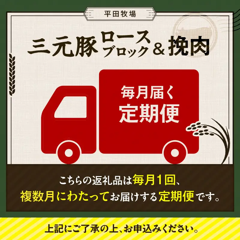 【 全12回 毎月 定期便 】 日本 の 米育ち 平田牧場 三元豚ロース ブロック 600g ・ 三元豚挽肉 300g T036-T13-03 肉 豚肉