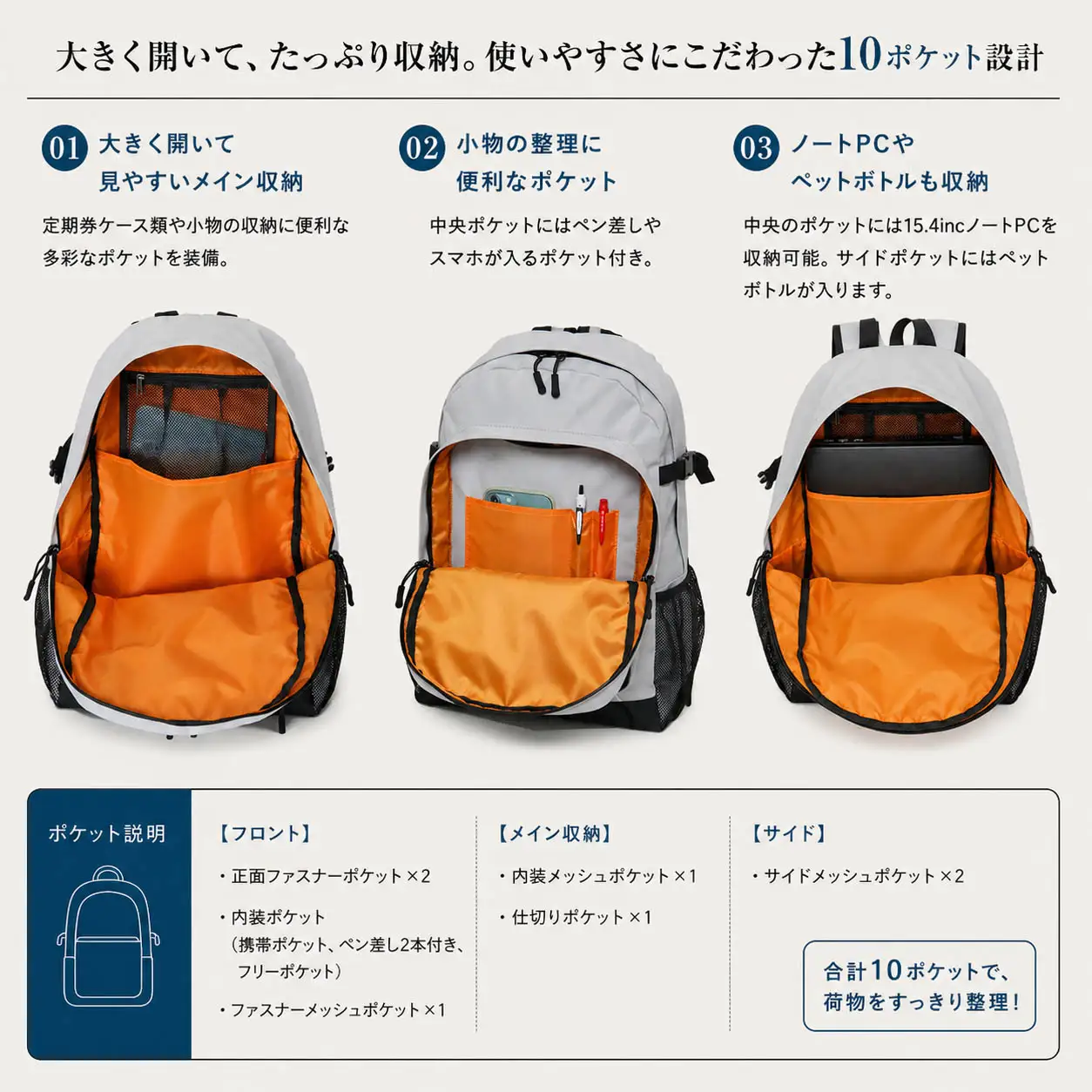 撥水、軽量、ポケット多数、ボックスロゴがお洒落な 10ポケット 24L ペールグレー WZ013-4