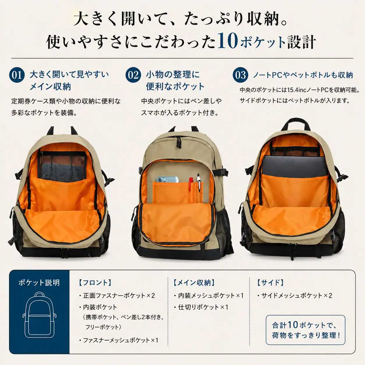 撥水、軽量、ポケット多数、ボックスロゴがお洒落な 10ポケット 24L サンドベージュ WZ013-3