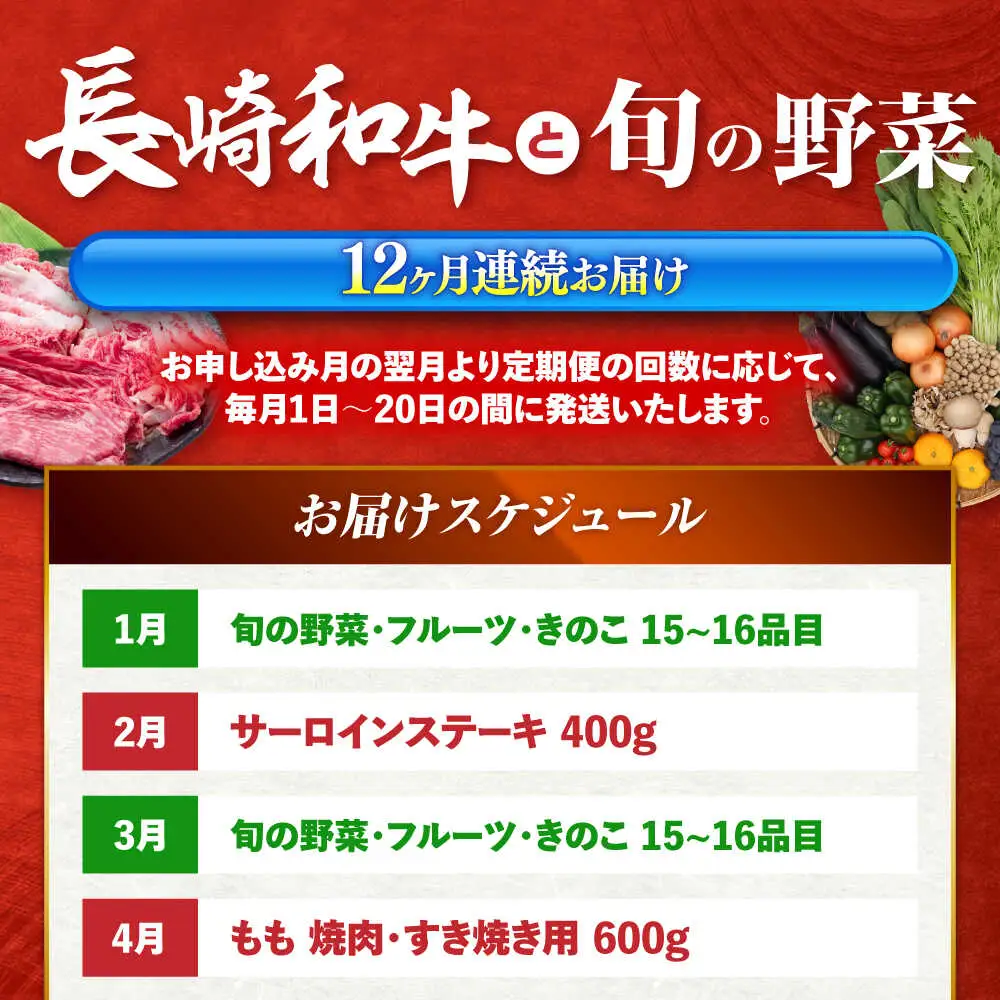 【12回定期便】長崎和牛と旬の野菜が楽しめる バラエティ定期便 / 野菜定期便 やさい定期便 肉定期便 牛肉 / 南島原市 / 贅沢宝庫[SDZ054]