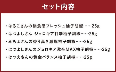 人吉球磨の達人のゆず胡椒 各1本（25g）×5種セット （はつえさん・はつよしさん赤・みちよさん・はつよしさん黄・はるこさん） 計5本  柚子胡椒 ゆず胡椒 柚子こしょう ゆずこしょう 柚子 ゆず 胡椒 こしょう 調味料 セット 熊本県 人吉市 常温