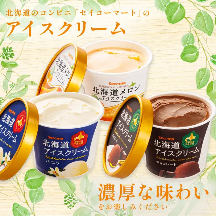 【定期便：3回】Secoma 北海道アイスクリーム3種食べ比べセット（バニラ・メロン・チョコレート）【01105】