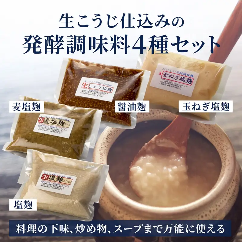 【国産生麹使用】 発酵調味料 4点セット 塩麹・麦塩麹・醤油麹・玉ねぎ塩麹 各200?250g