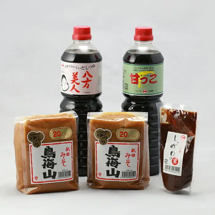 マルイチしょうゆ・味噌醸造元 秋田県産 みそしょうゆギフト(甘っこ1l、 八方美人(めんつゆ)1l、みそ1kg×2、醤油の実1個)
