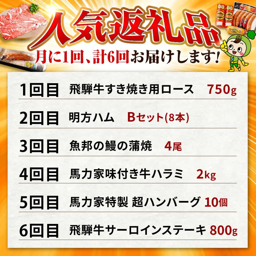 【6回定期便】御嵩町の名店横断！贅沢バラエティ便 / 飛騨牛 鰻 ハラミ 明方ハム ハンバーグ / 岐阜県 御嵩町[AVBM018]