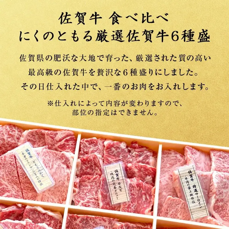 【8月中の発送】佐賀牛希少部位100g×6種類(合計600g) にくのともる厳選 焼肉用 A5～A4等級 食べ比べ ギフト キャンプ