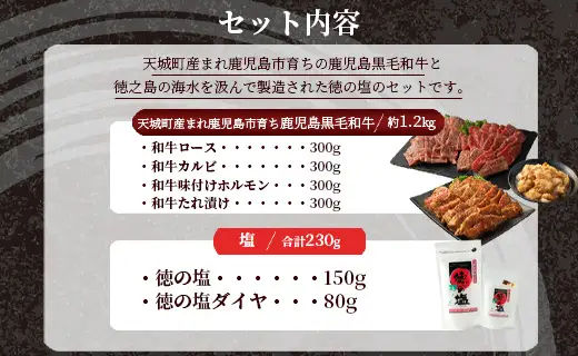 鹿児島 黒毛和牛 焼肉 セット（ 4種 盛り ） 計約1.2kg 徳の塩 ・ ダイヤ セット 計約230g 総計約1.43kg 【セット】 天城町産 鹿児島育ち 黒毛和牛 和牛ロース 和牛カルビ 国産 鹿児島県 天城町