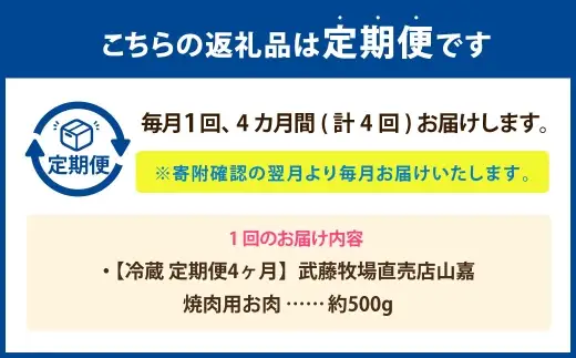 武藤牧場直売店山嘉 焼肉用お肉 約500g×4回 合計2kg 【冷蔵 定期便4ヶ月】 ／ 牛肉 焼き肉 定期便 三重県 桑名市