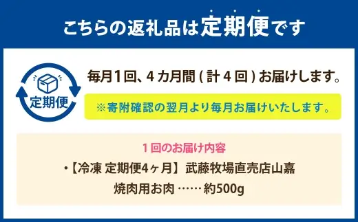 武藤牧場直売店山嘉 焼肉用お肉 約500g×4回 合計2kg 【冷凍 定期便4ヶ月】 ／ 牛肉 焼き肉 バーベキュー 定期便 三重県 桑名市
