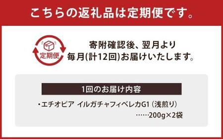 【粉】 【12か月定期便】 エチオピア イルガチャフィベレカG1　ウォッシュド （浅煎り） 400g コーヒー 珈琲 粉 こな