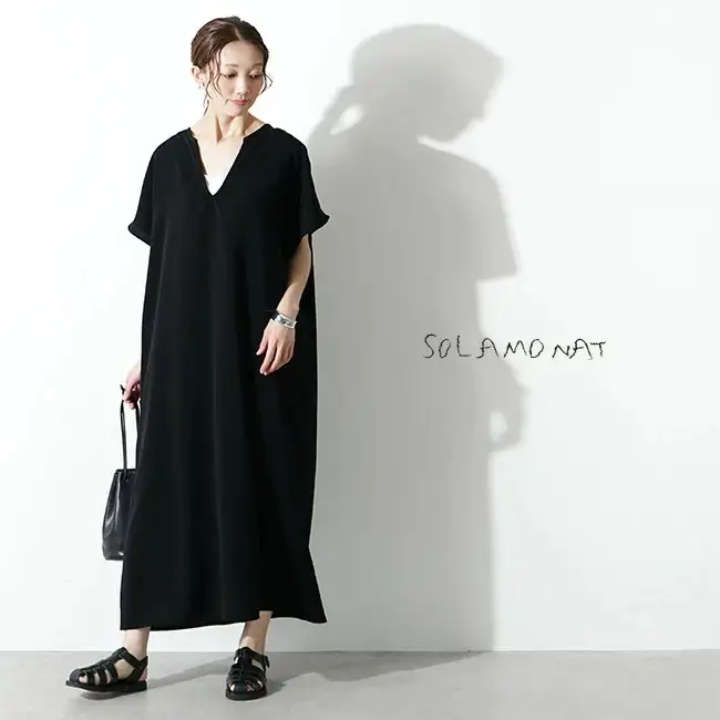 SOLAMONAT スキッパーマキシワンピース フリーサイズ 黒 （ ワンピース レディース 衣類 服 ）