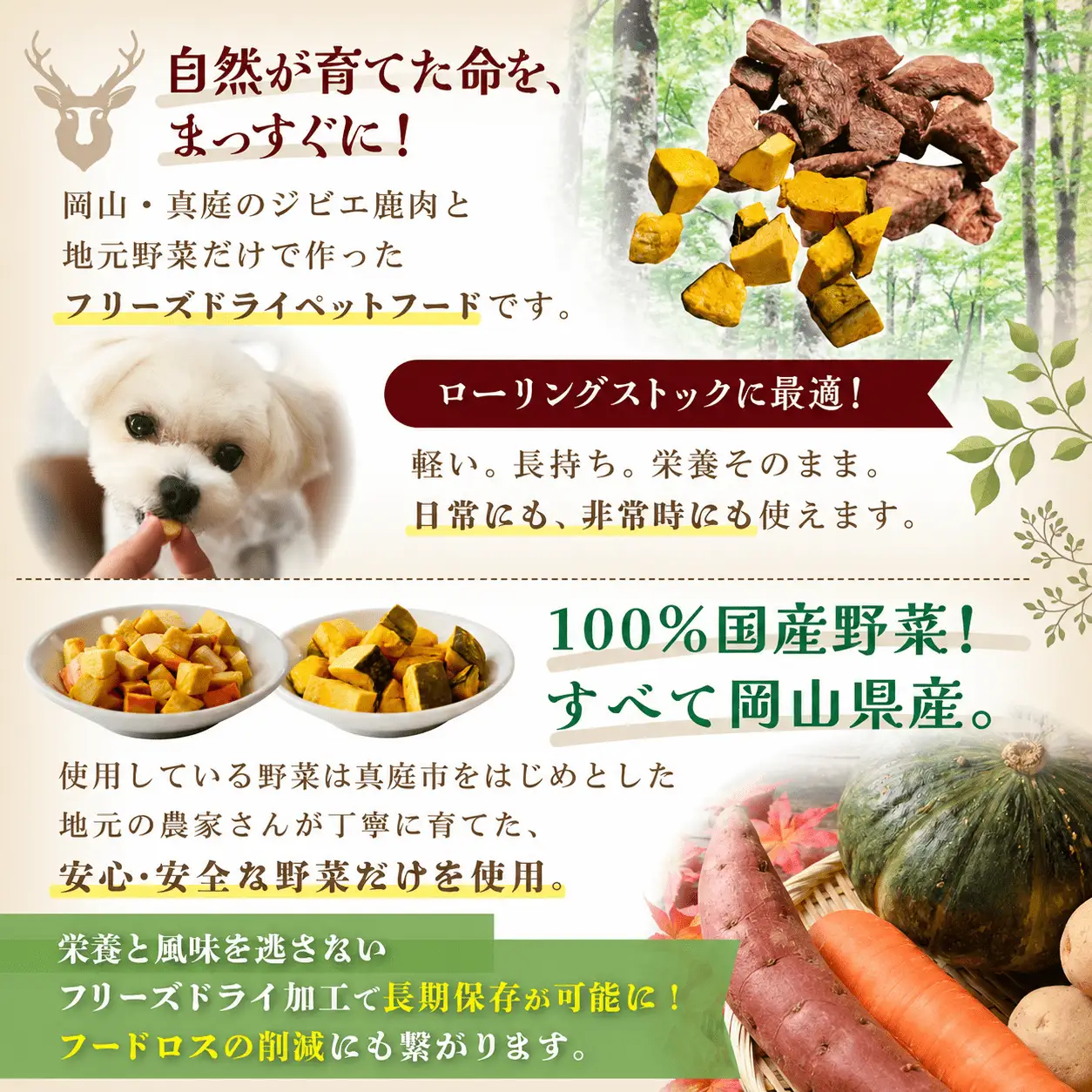 ペットのおやつ3種セット（鹿生肉・さつまいも・にんじん） / フリーズドライ ペットフード 岡山県 真庭産 犬 シカ肉 野菜 手作り 無添加 ペット おやつ 小分け 国産 防災食 ジビエ 【hmwr006-01】