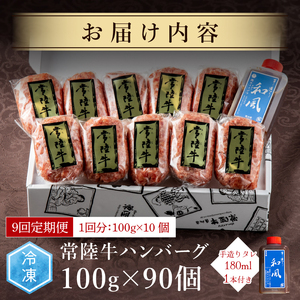 9ヶ月 定 期便 肉 常陸牛ハンバーグ100g×10個 計1kg × 9回 セット 肉のイイジマ（DU-159）