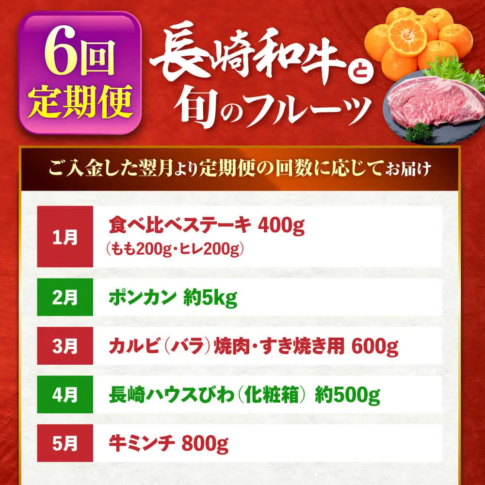 【6回定期便】長崎和牛と旬のフルーツが楽しめる バラエティ定期便 / フルーツ定期便 果物定期便 肉定期便 牛肉 びわ メロン ぶどう みかん / 南島原市 / 贅沢宝庫[SDZ055]