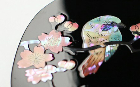 螺鈿細工 手鏡 桜に樫鳥(朱) 工芸品 民芸品 伝統技術  FAD-0202