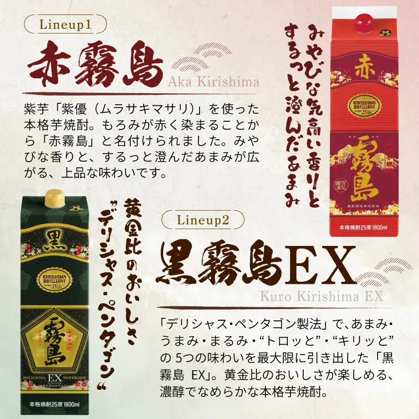 【霧島酒造】赤霧島×6本・黒霧島EX×2本(1.8Lパック25度)セット≪みやこんじょ特急便≫〔55-M8-001-Q〕_(都城市) 10日以内お届け スピード配送 霧島酒造 黒霧島EX 赤霧島 本格芋焼酎 25度 1800mlパック 本格焼酎 いも焼酎 定番 焼酎 お酒 キリボール 宮崎県 都城市