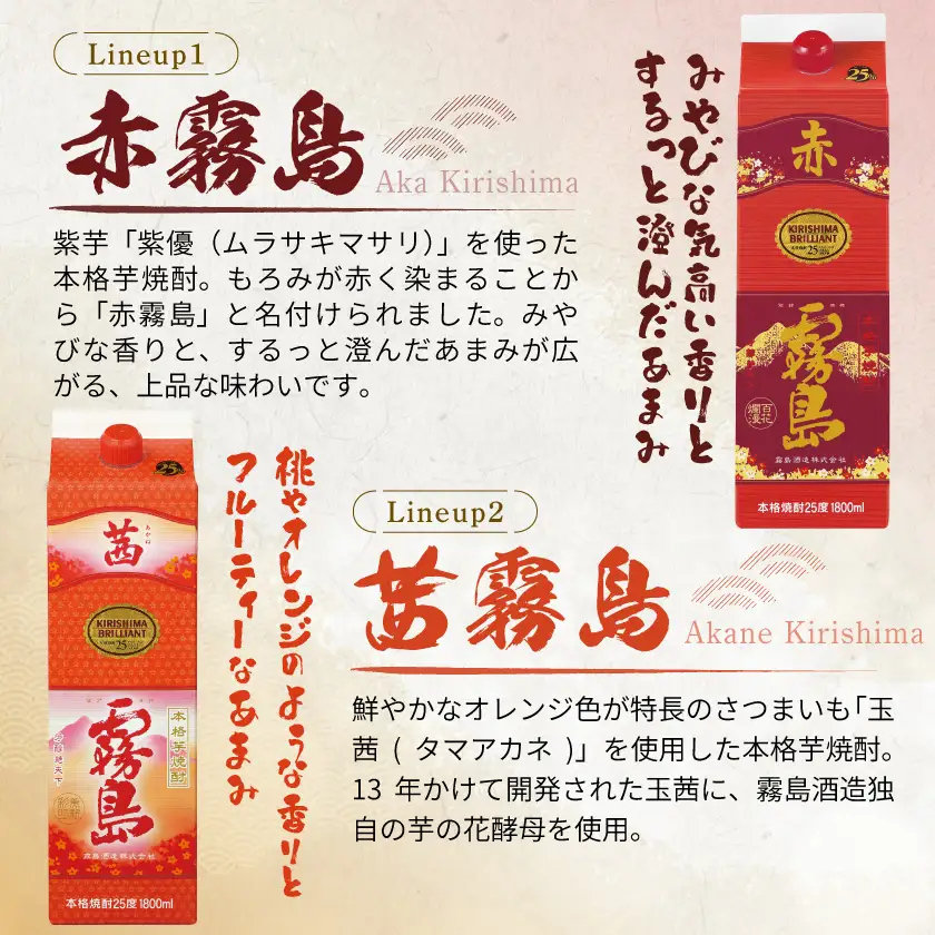 【霧島酒造】赤霧島×6本・茜霧島×2本(1.8Lパック25度)セット≪みやこんじょ特急便≫〔55-M8-004-Q〕_(都城市) 10日以内お届け スピード配送 霧島酒造 茜霧島 赤霧島 本格芋焼酎 25度 1800mlパック 本格焼酎 いも焼酎 定番 焼酎 お酒 キリボール 宮崎県 都城市