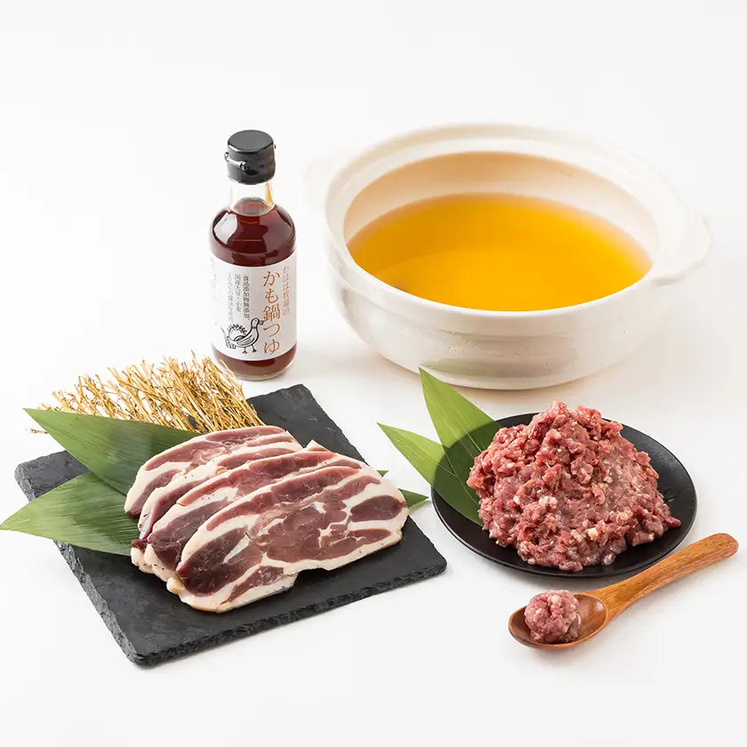 わはは牧場のカモ鍋セット(カモ肉スライス200g×3パックとアイガモ肉のミンチとオリジナル鍋つゆ)【配送不可地域：離島】【1722895】