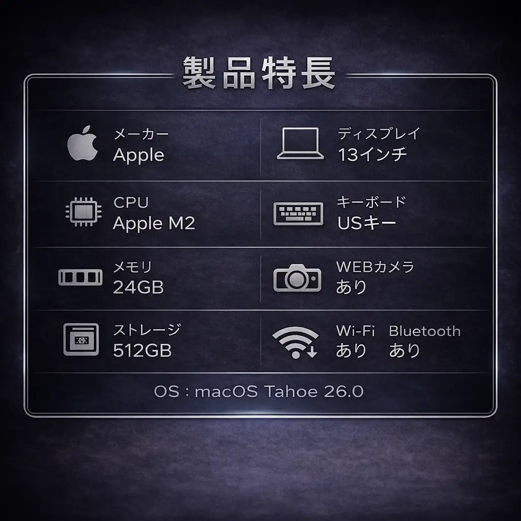 パソコン 【整備済｜法人リースアップ品】MacBook Air 13インチ M2 / 24GB / 512GB SSD｜良好コンディション・動作確認済【現品限り】 476-01