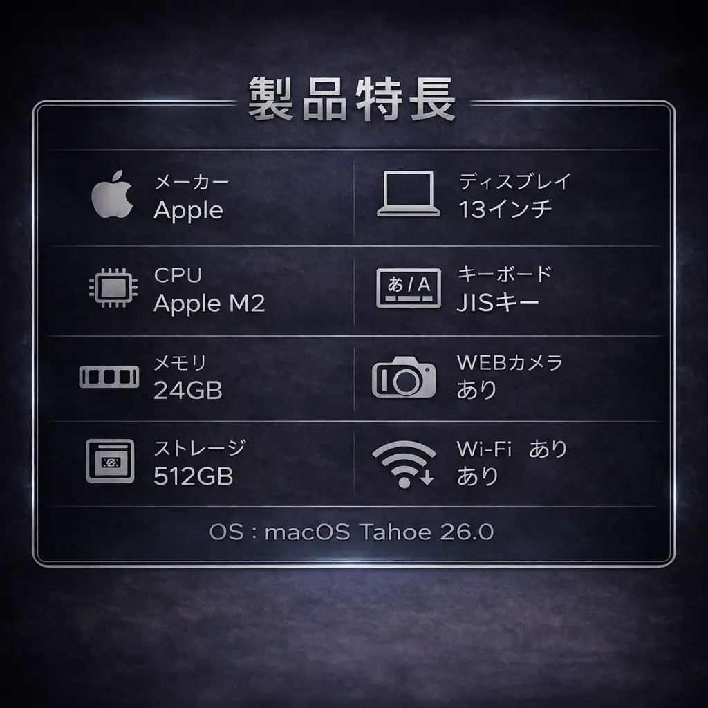 【整備済｜法人リースアップ品】MacBook Air 13インチ M2 / 24GB / 512GB｜動作確認済【現品限り】 375-01