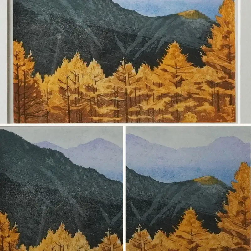 版画「錦秋」 版画 錦秋 額装 絵画 木版画家 陶山俊一 小牧市在住 日本 自然 風景 モチーフ 光の濃淡 遠近感 質感 木版画 手作業 アート作品 アート インテリア 壁掛け 絵 美術品 工芸品 風景画 自然画 愛知県 小牧市 送料無料 [201M09]