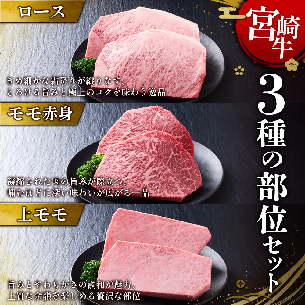 【宮崎牛】ステーキ ロース/上モモ/モモ赤身 800g (ロース200g×2枚、上モモ100g×2枚、モモ赤身100g×2枚) 真空パック 冷凍