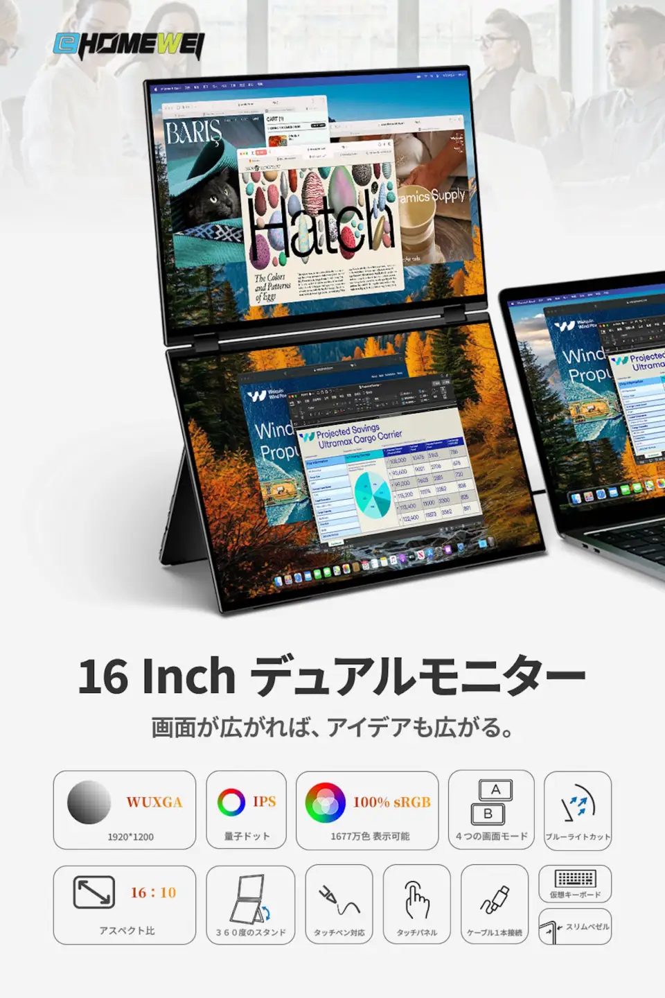 EHOMEWEI デュアルモニター IPS タッチパネル 16インチ 薄型6mm [1308]