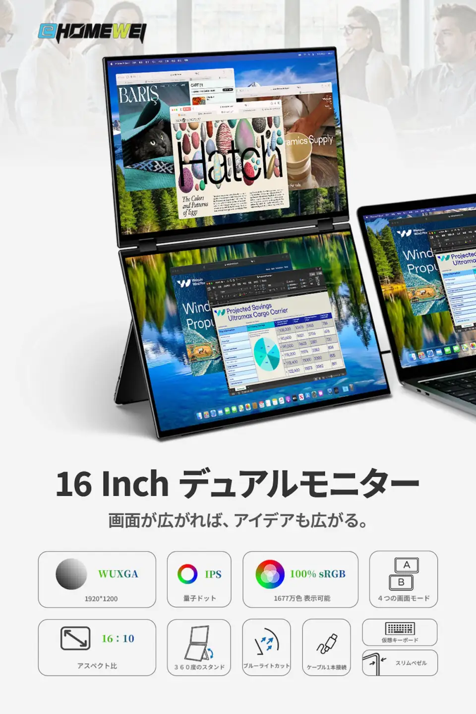 EHOMEWEI デュアルモニター IPS 16インチ 薄型6mm [1309]