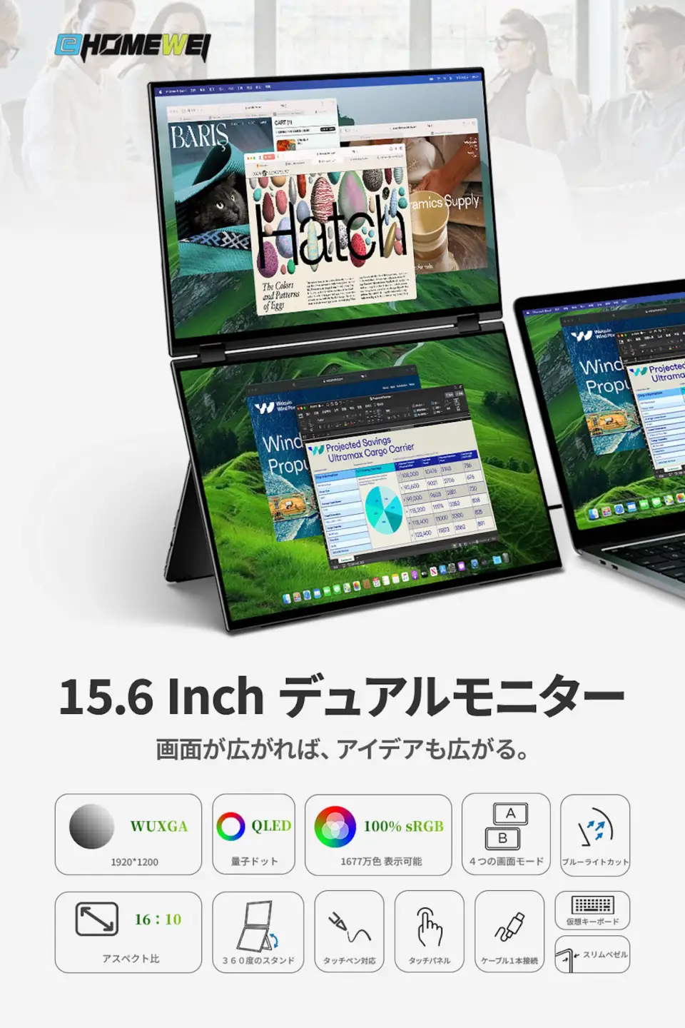 EHOMEWEI デュアルモニター QLED タッチパネル 15.6インチ 薄型6mm [1310]