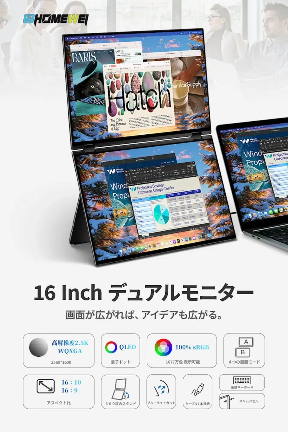 EHOMEWEI デュアルモニター QLED 16インチ 2.5K 薄型6mm [1312]
