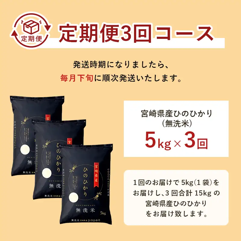 【3か月定期便】 無洗米 ＜チャック付＞ 新米 国産 令和8年産 ヒノヒカリ 宮崎県産（5kg×3回）