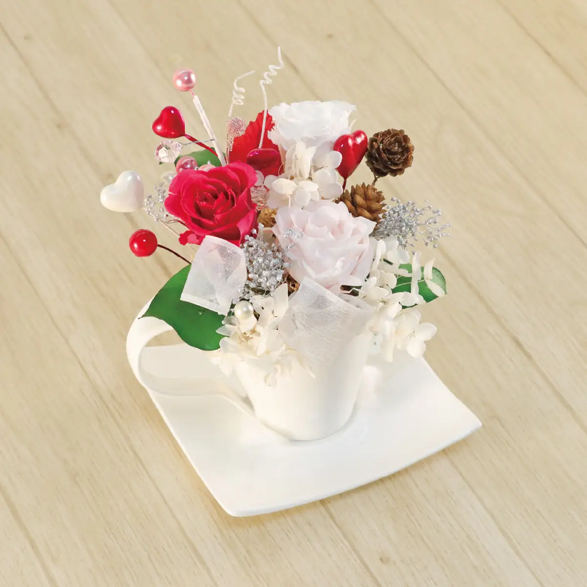 プリザーブドフラワー コーヒーカップ ハート｜インテリア ハンドメイド 手作り 一点もの ギフト プレゼント 記念日 誕生日 プロポーズ ホワイトデー 母の日