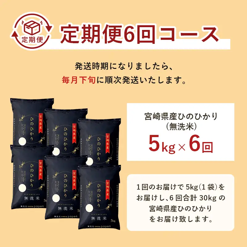 【ふるなびWEEK対象】【6か月定期便】 無洗米 ＜チャック付＞ 新米 国産 令和8年産 ヒノヒカリ 宮崎県産（5kg×6回）