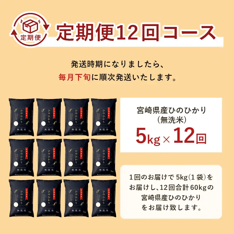 【12か月定期便】 無洗米 ＜チャック付＞ 新米 国産 令和8年産 ヒノヒカリ 宮崎県産（5kg×12回）
