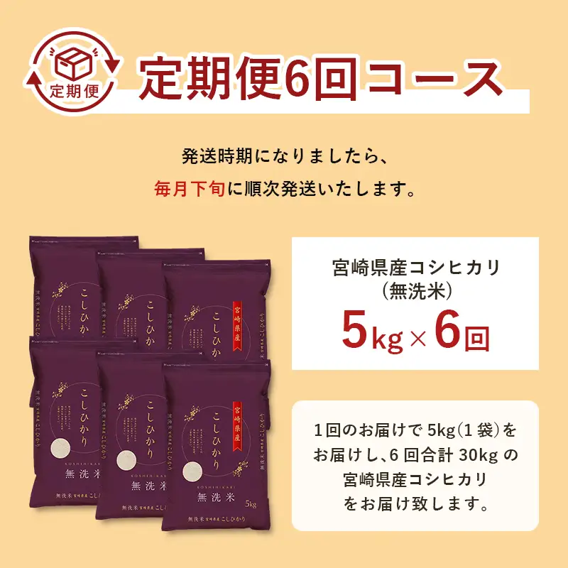【ふるなびWEEK対象】【6か月定期便】 無洗米 ＜チャック付＞ 新米 国産 令和8年産 コシヒカリ 宮崎県産（5kg×6回）