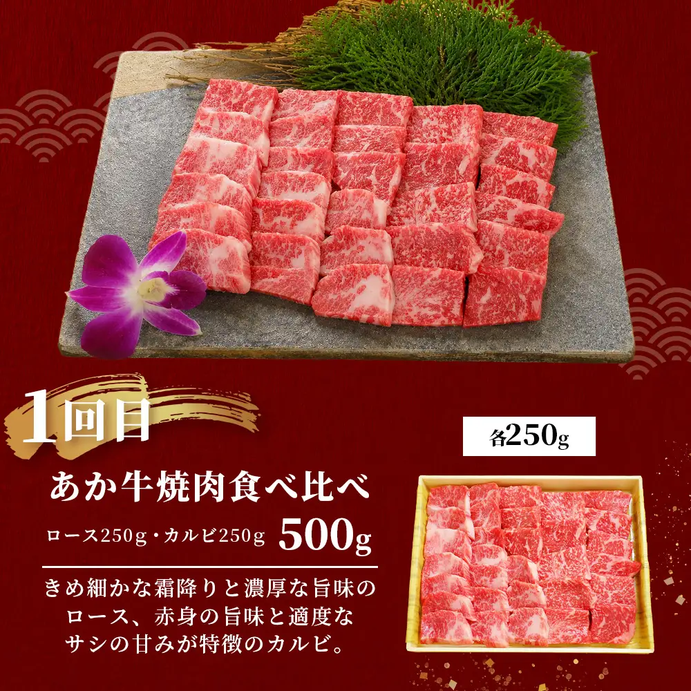 【定期便4回】あか牛 贅沢 定期便 焼肉食べ比べ500g・肩ロースすき焼き500g・ロースステーキ400g・ステーキセット470g 牛肉 肉 ロース カルビ すき焼き 焼肉 ステーキ サーロイン ランプ ヒレ 定期便 熊本県 046-0802