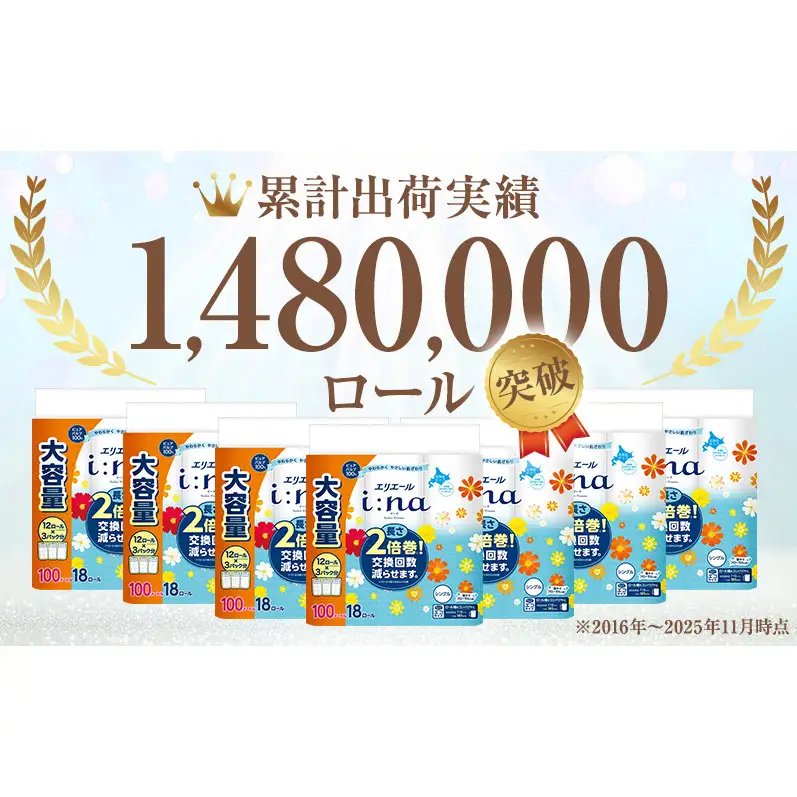 【2回お届け 計144ロール】エリエール i:na(イーナ) トイレットティシュー シングル 100m 18R×4パック 2倍巻 交換 補充 回数減 長持ち まとめ買い ペーパー 紙 防災 常備品 備蓄品 消耗品 備蓄 日用品 生活必需品 送料無料 赤平市