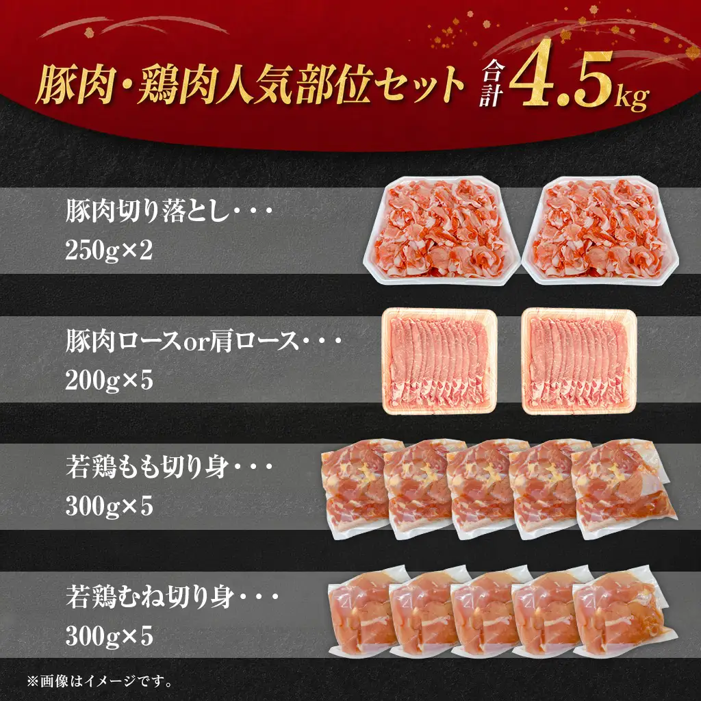 ＜宮崎県産 豚肉鶏肉よくばりセット 合計4.5kg＞ 4種セット 小分けパック 真空パック ロース スライス カット肉 カット済み もも肉 むね肉 切身 切り身 普段使い 料理 詰め合わせ 精肉 県産 国産 炒め物 煮物【MI731】