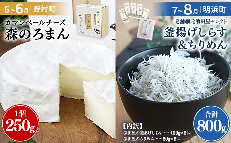 ＜【定期便】西予市5町ぐるっとうまいもの便（計5回）～定番編～＞ 『お申し込み時期により発送月が変わります』定期便 特産品 しらす ちりめん カマンベールチーズ お米 みかん 柑橘 モンブラン ミーティン・クラフト 愛媛県 西予市【常温・冷蔵・冷凍】 OMC0018